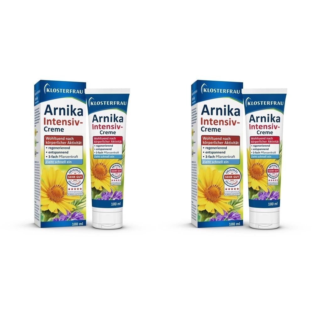 Zwei Tuben und Schachteln mit Produktaufdruck. Aufschrift: Arnika Intensiv-Creme. Logo: Klosterfrau. Abbildung: gelbe Blume.