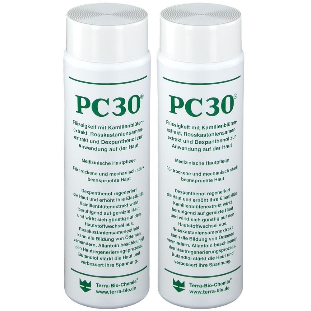 Zwei weiße Flaschen mit grünem Etikett. Aufschrift: PC30. Text in deutscher Sprache. Logo: Terra-Bio-Chemie.
