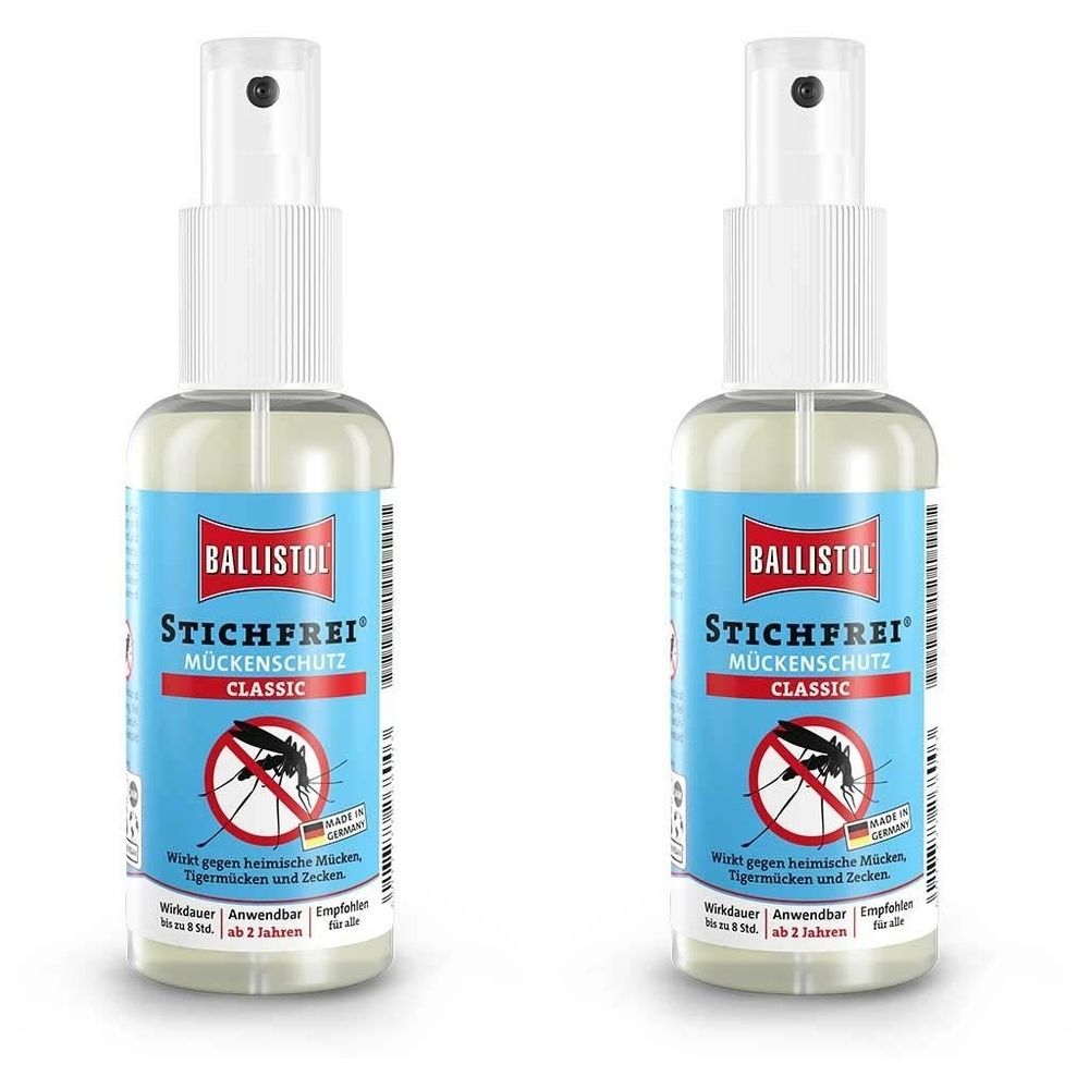 Zwei Pumpsprays mit blauen Etiketten. Aufschrift: BALLISTOL STICHFREI Mückenschutz CLASSIC. Abbildung einer Mücke mit rotem Kreuz.