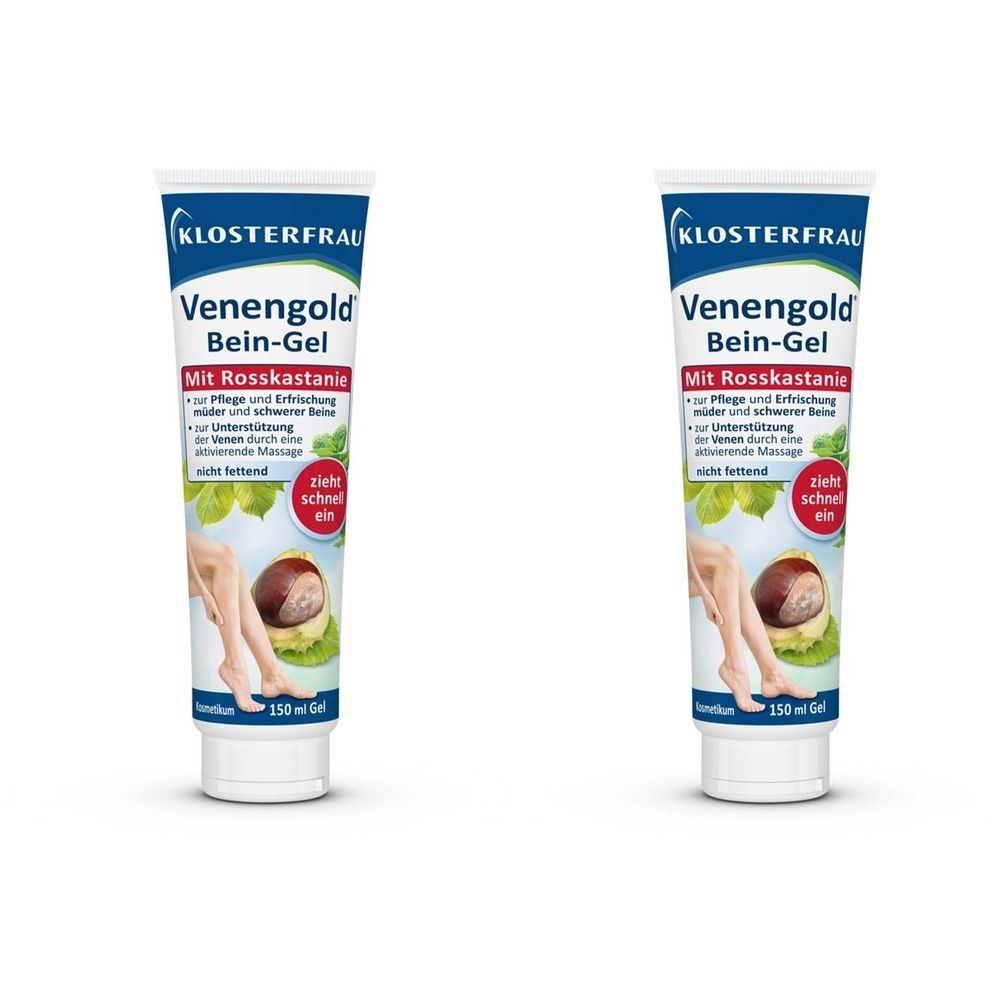 Zwei Tuben Bein-Gel. Aufschrift: KLOSTERFRAU Venengold Bein-Gel, Mit Rosskastanie. Illustration: Bein, Rosskastanie.