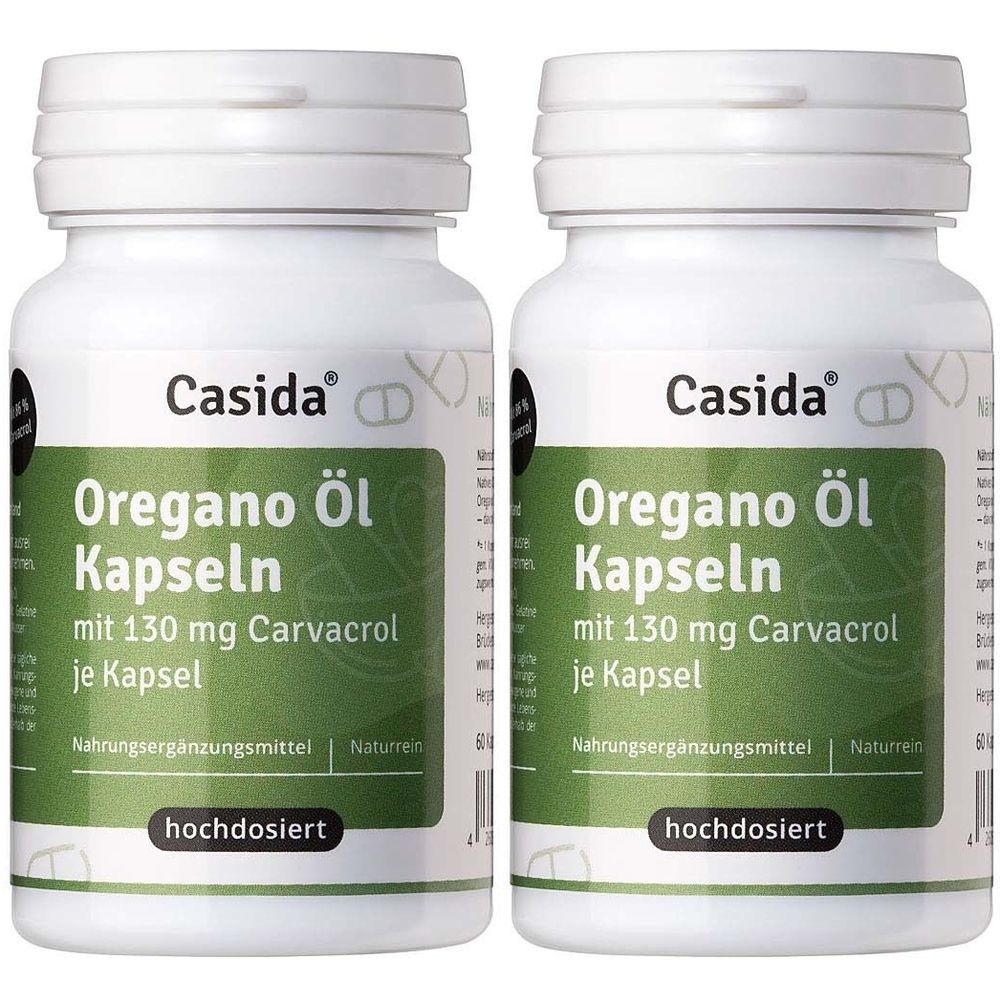 Zwei weiße Flaschen mit Kapseln. Aufschrift: Casida Oregano Öl Kapseln mit 130 mg Carvacrol. Nahrungsergänzungsmittel.