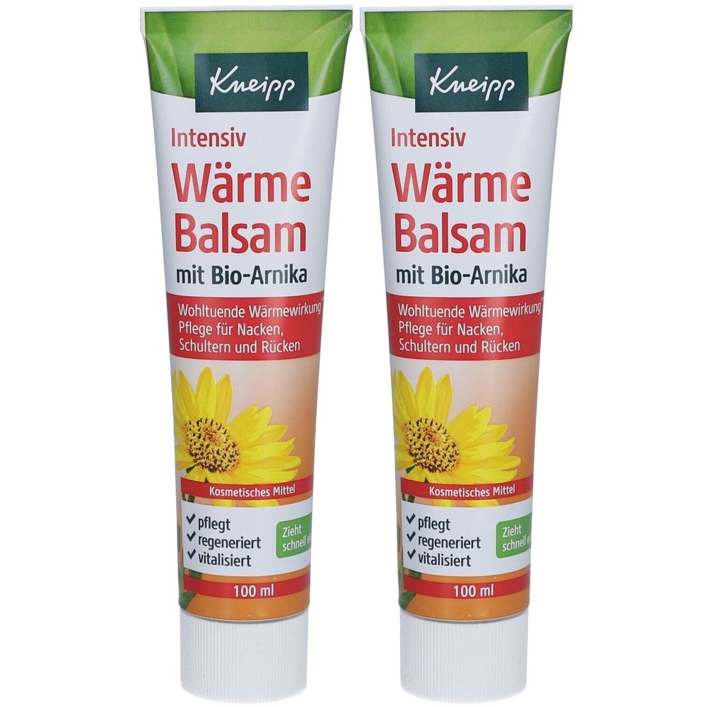 Zwei Tuben Kneipp Wärmebalsam mit Arnika. Weiße Tuben mit grüner Kappe. Rote Schrift, gelbe Blume. Text: pflegt, regeneriert, vitalisiert.