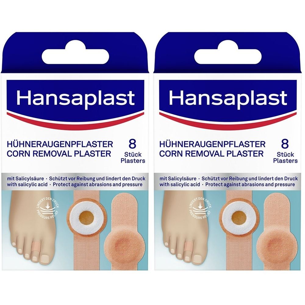 Zwei Packungen Hansaplast Hühneraugen-Pflaster. Jede Packung zeigt 8 Pflaster. Aufdruck: Corn Removal Plaster. Mit Salicylsäure.