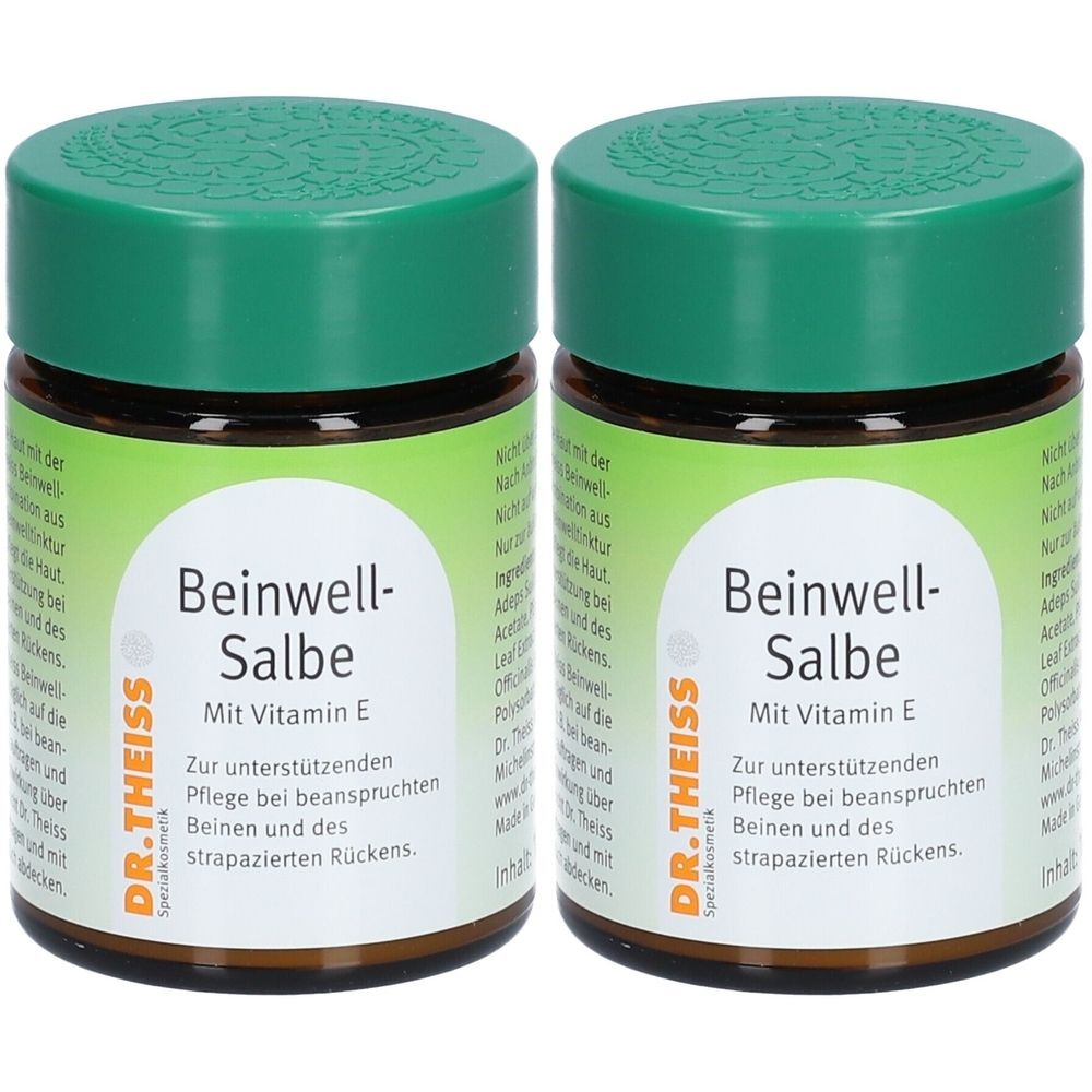 Zwei Gläser Beinwell-Salbe mit grünem Deckel. Aufschrift: Beinwell-Salbe, Mit Vitamin E. Marke: Dr. Theiss.