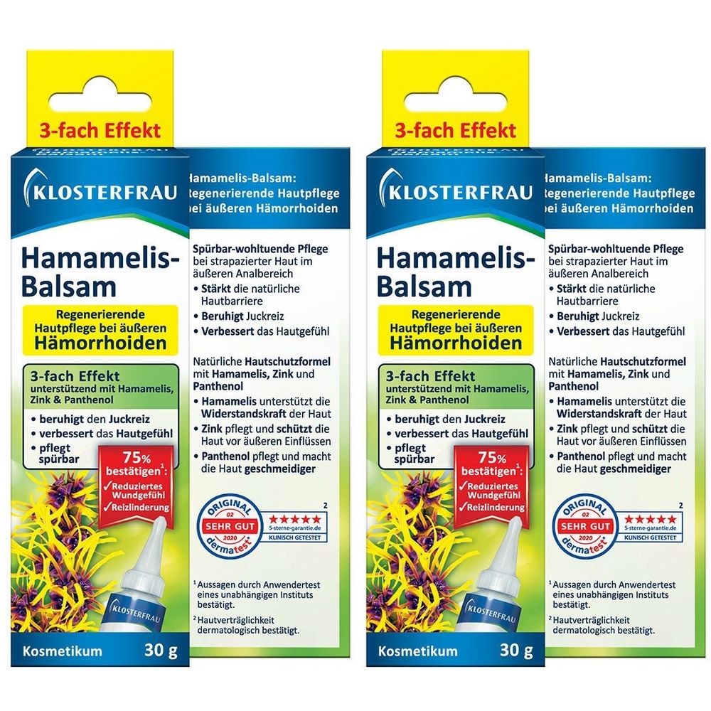 Zwei Packungen Klosterfrau Hamamelis-Balsam. Blaue und weiße Verpackung mit Produktnamen und Logo. Enthält eine Tube.