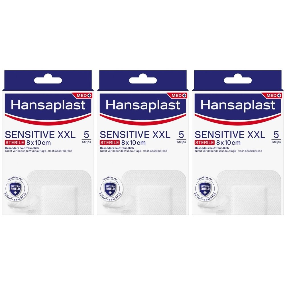 Drei Packungen Wundpflaster. Aufschrift: Hansaplast Sensitive XXL, steril, 8x10 cm. Jede Packung enthält 5 Pflaster.