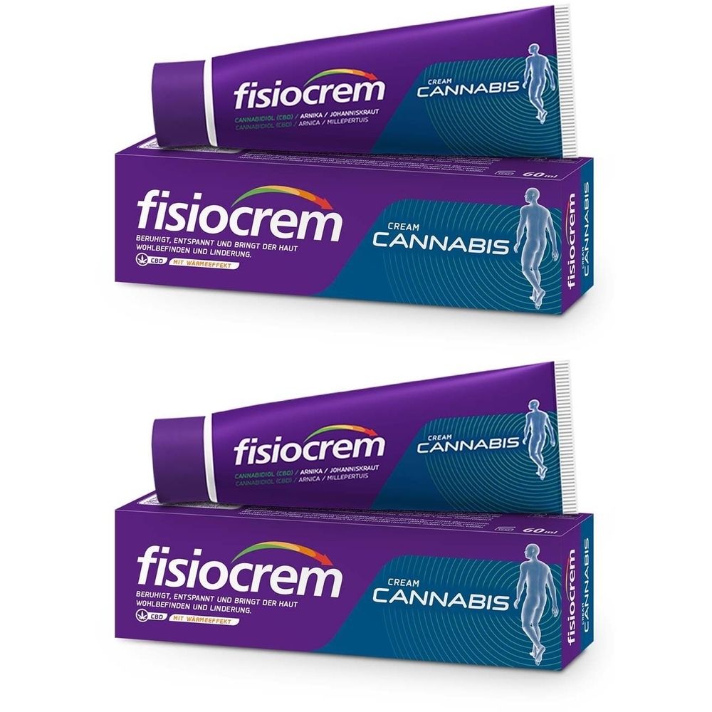 Zwei Tuben und Schachteln Fisiocrem Cream Cannabis. Lila Tuben mit weißer Schrift. Blaue Schachteln mit weißer Schrift und einem menschlichen Umriss.