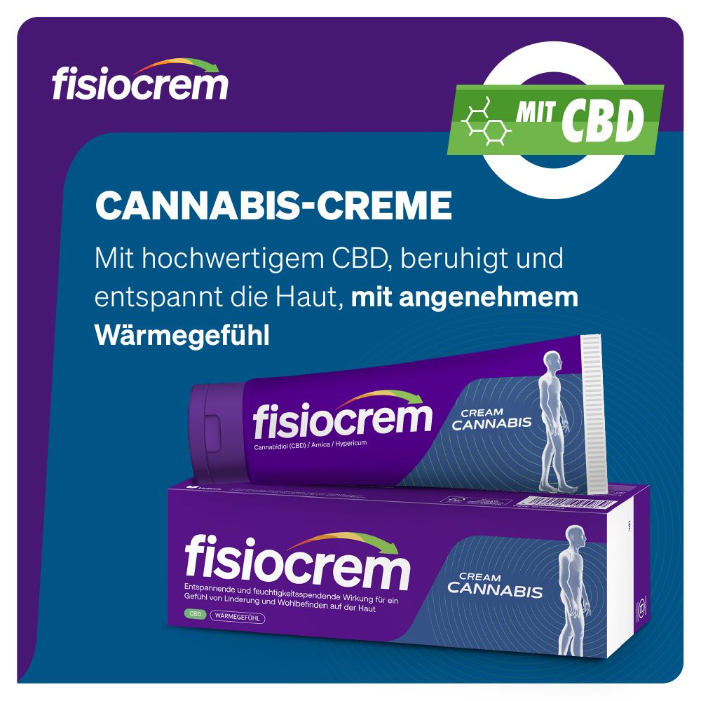 Fisiocrem Cannabis Cream Tube und Karton mit CBD-Hinweis und menschlicher Silhouette.