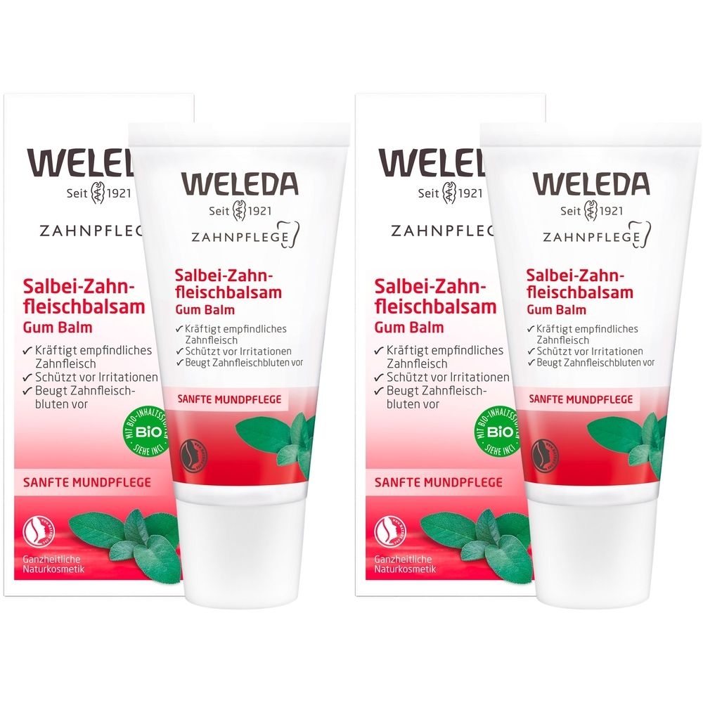 Zwei Tuben und zwei Kartons. Aufschrift: Weleda Salbei-Zahnfleischbalsam. Sanfte Mundpflege. Bio-Zertifizierung.