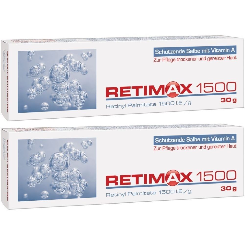 Zwei weiße Kartons mit rotem RETIMAX 1500-Logo. Text: Schützende Salbe mit Vitamin A. 30 g.