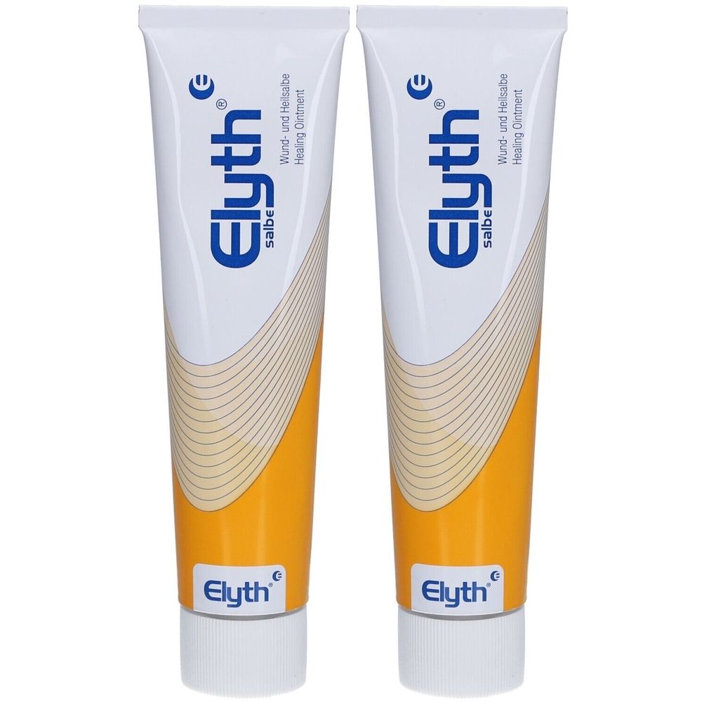 Zwei Tuben Elyth Salbe. Weiße Tuben mit gelbem Abschnitt und blauer Schrift. Aufschrift: Wund- und Heilsalbe.