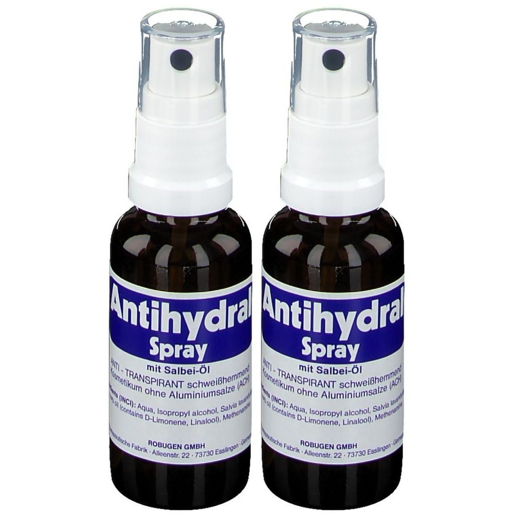 Zwei Sprühflaschen mit weißem Sprühkopf und brauner Flüssigkeit. Auf dem Etikett steht "Antihydral Spray".