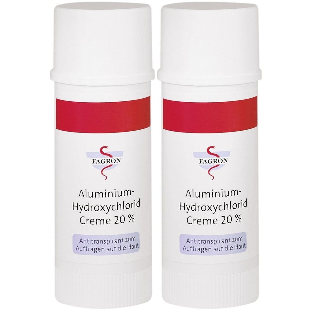 Zwei zylindrische Behälter mit weißem Deckel und rotem Band. Aufschrift: Aluminium-Hydroxychlorid Creme 20%.