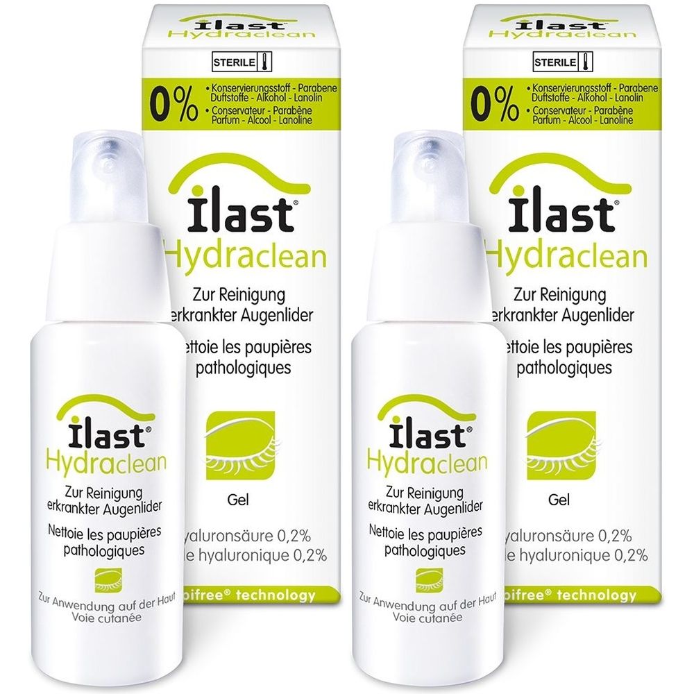 Zwei Flaschen und Verpackungen von ILAST® Hydraclean Reinigungsgel. Weiße Flaschen mit Sprühkopf, grüne und weiße Verpackung.