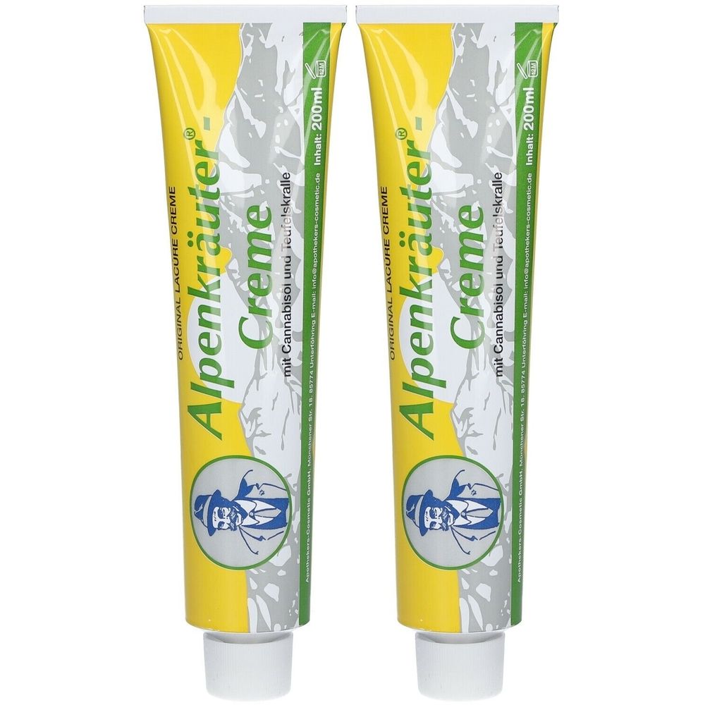 Zwei Tuben Alpenkräuter Creme. Gelbe Tuben mit grünen und weißen Elementen. Aufschrift: Alpenkräuter Creme, mit Cannabisoil und Arnika.
