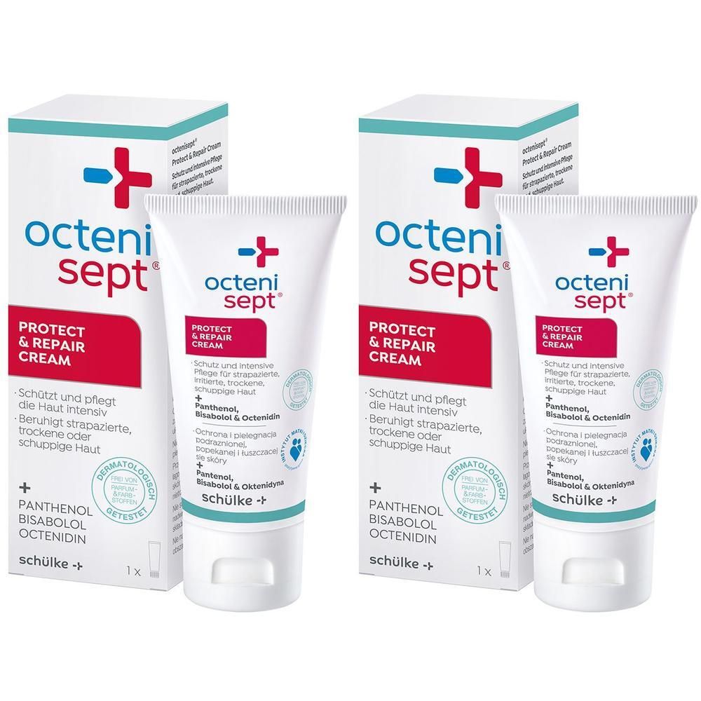 Zwei Packungen octenisept® Protect & Repair Cream mit je einer Tube und Faltschachtel.