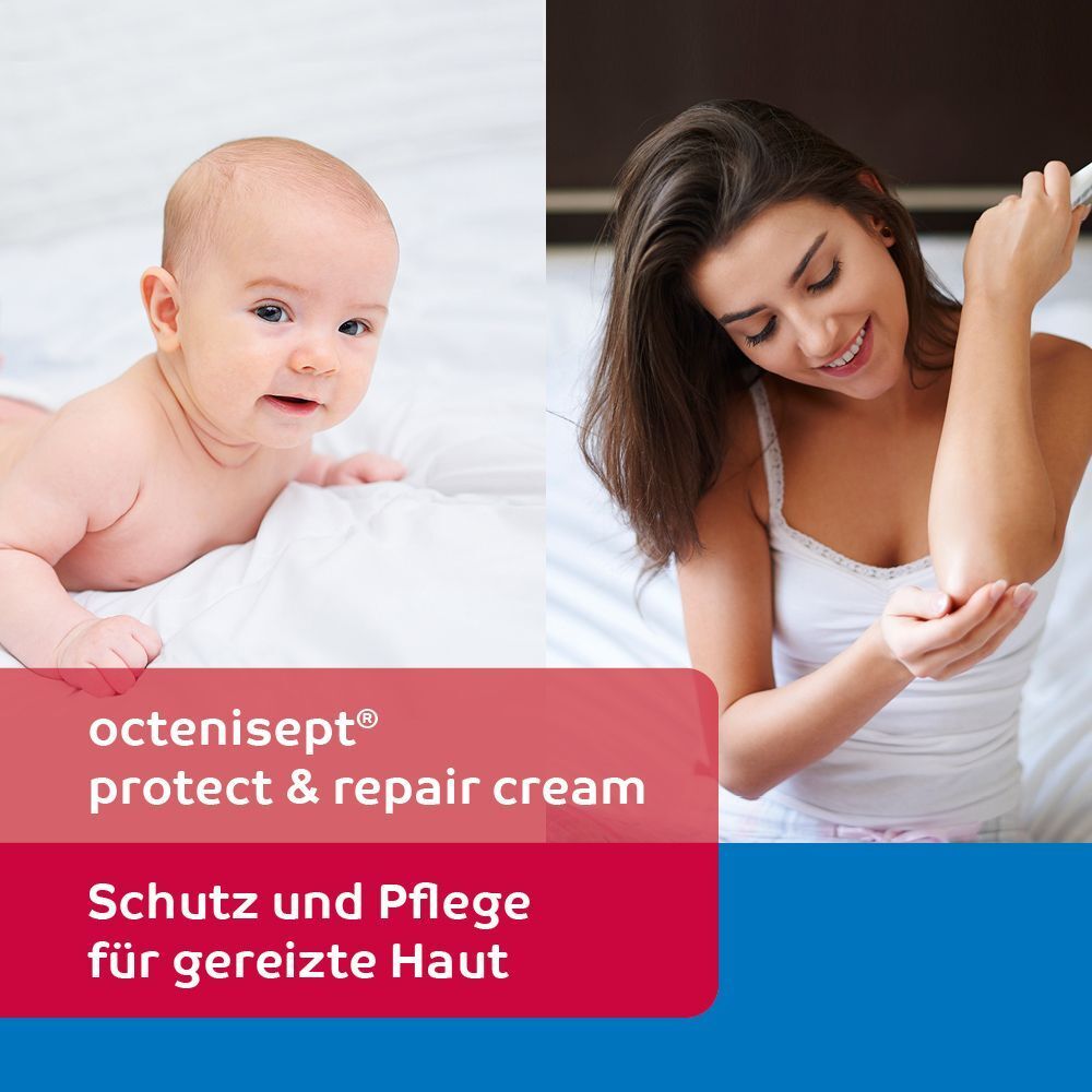 Baby und Frau mit octenisept® Protect & Repair Cream auf den Ellenbogen.