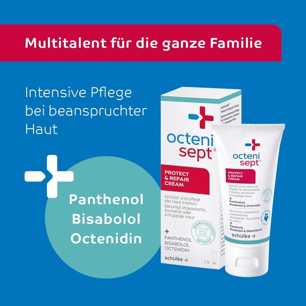 octenisept® Protect & Repair Cream Tube und Faltschachtel mit Panthenol, Bisabolol, Octenidin.