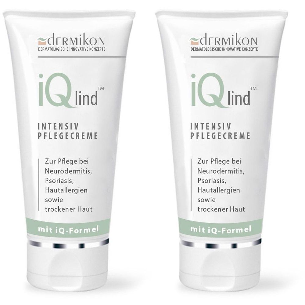 Zwei Tuben iQlind Intensiv Pflegecreme. Weiße Tuben mit grüner Schrift. Text: Intensiv Pflegecreme, für trockene Haut.
