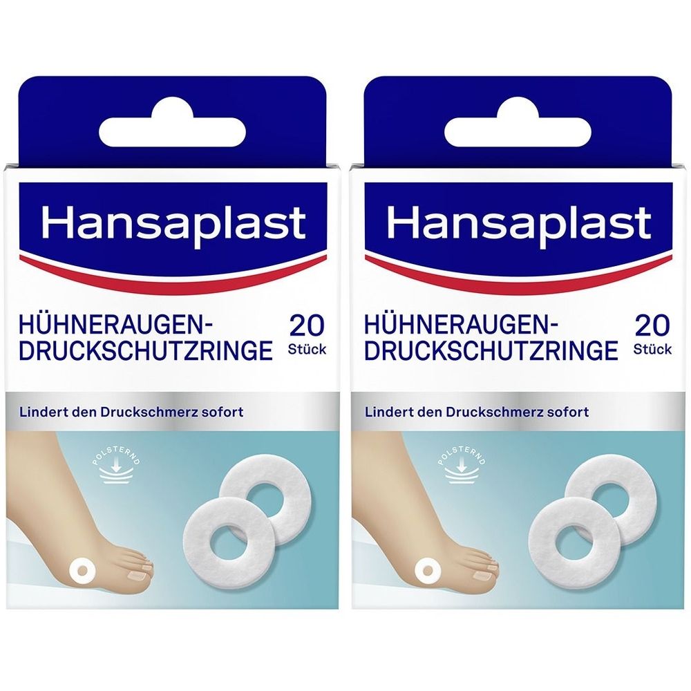 Zwei Packungen Hansaplast Hühneraugen-Druckschutzringe. Jede Packung enthält 20 Stück. Auf der Verpackung ist ein Fuß mit einem Ring abgebildet.