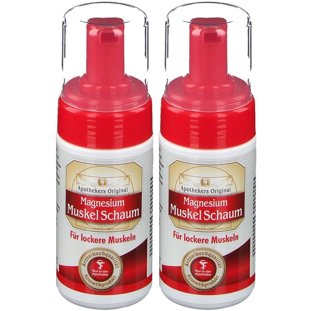Zwei Flaschen APOTHEKERS ORIGINAL Magnesium Muskel Schaum. Rote Pumpköpfe mit durchsichtigen Kappen. Weißes Etikett mit Produktinformationen.