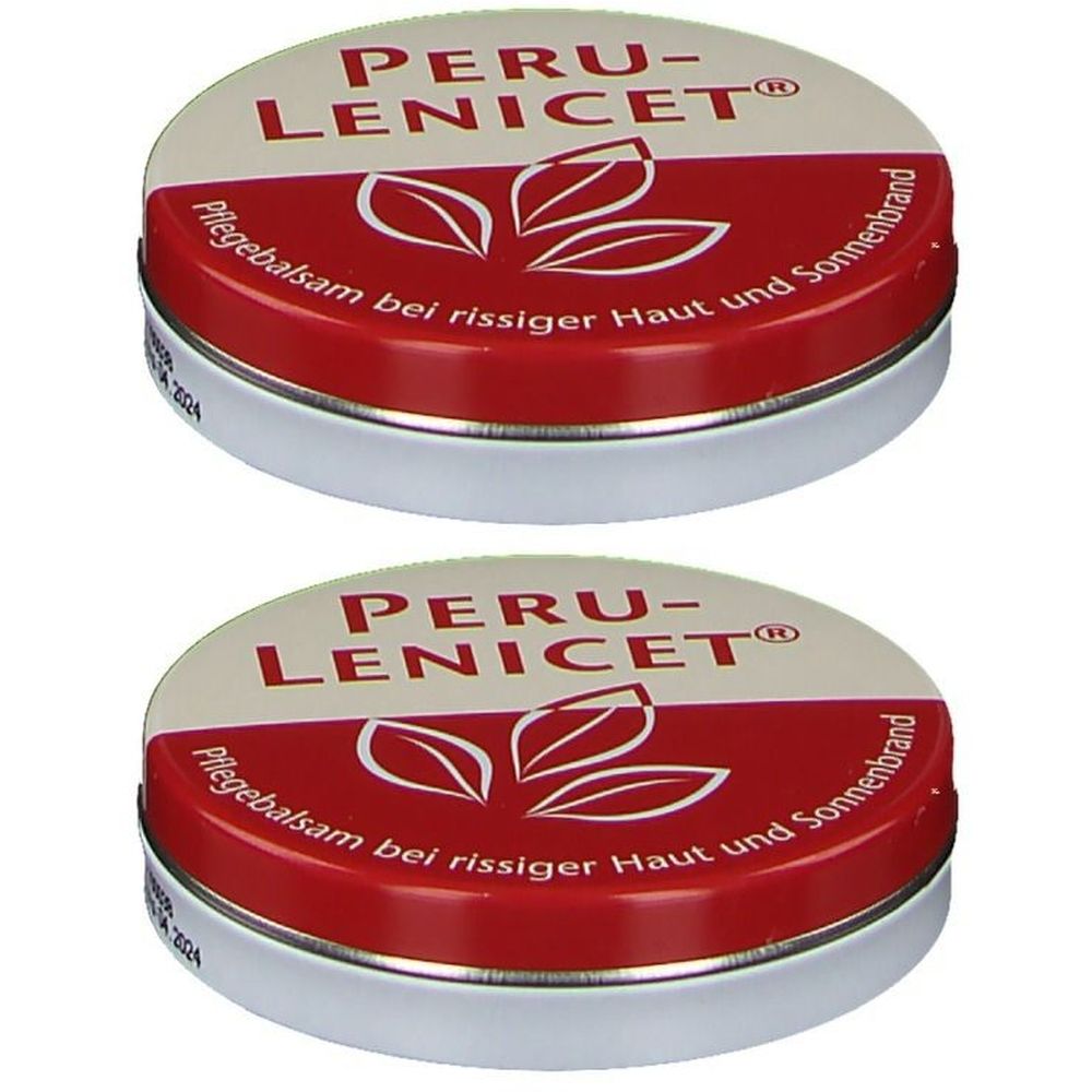 Zwei runde Dosen mit rotem Deckel und silbernem Rand. Auf dem Deckel steht "PERU-LENICET" und Text. Blätter-Design.