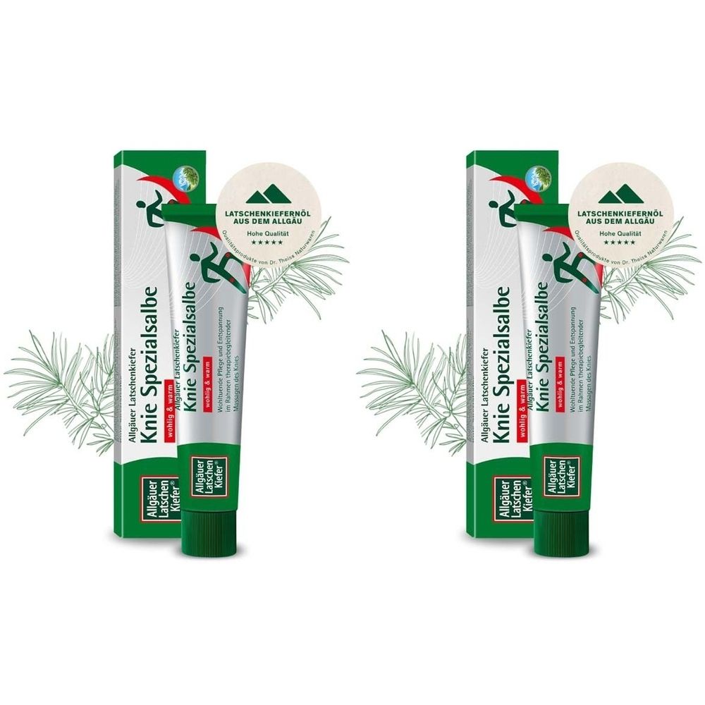 Zwei Tuben und Schachteln. Aufschrift: Knie Spezialsalbe. Grün-weiße Verpackung. Abzeichen mit Bergmotiv.