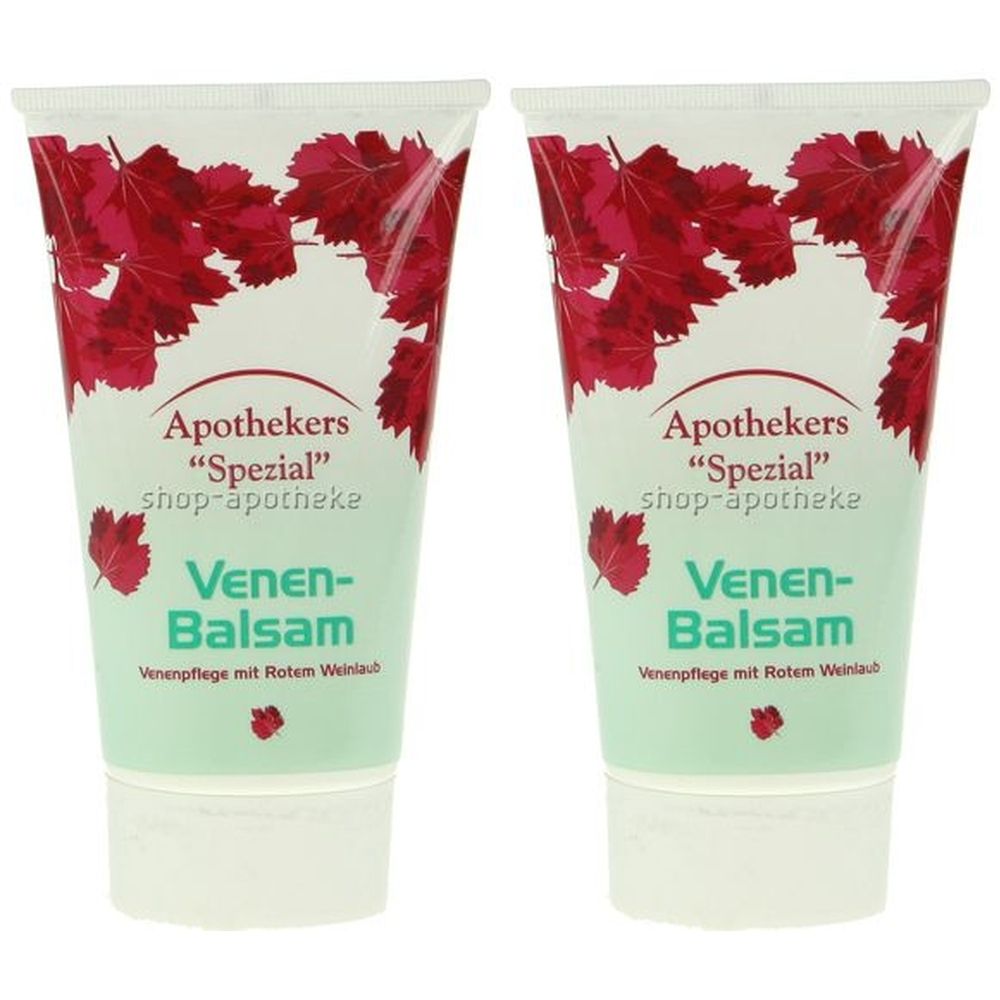 Zwei Tuben Venen-Balsam. Aufschrift: Apothekers „Spezial“, Venen-Balsam, Venenpflege mit Rotem Weinlaub. Rote Blätter auf hellgrünem Hintergrund.