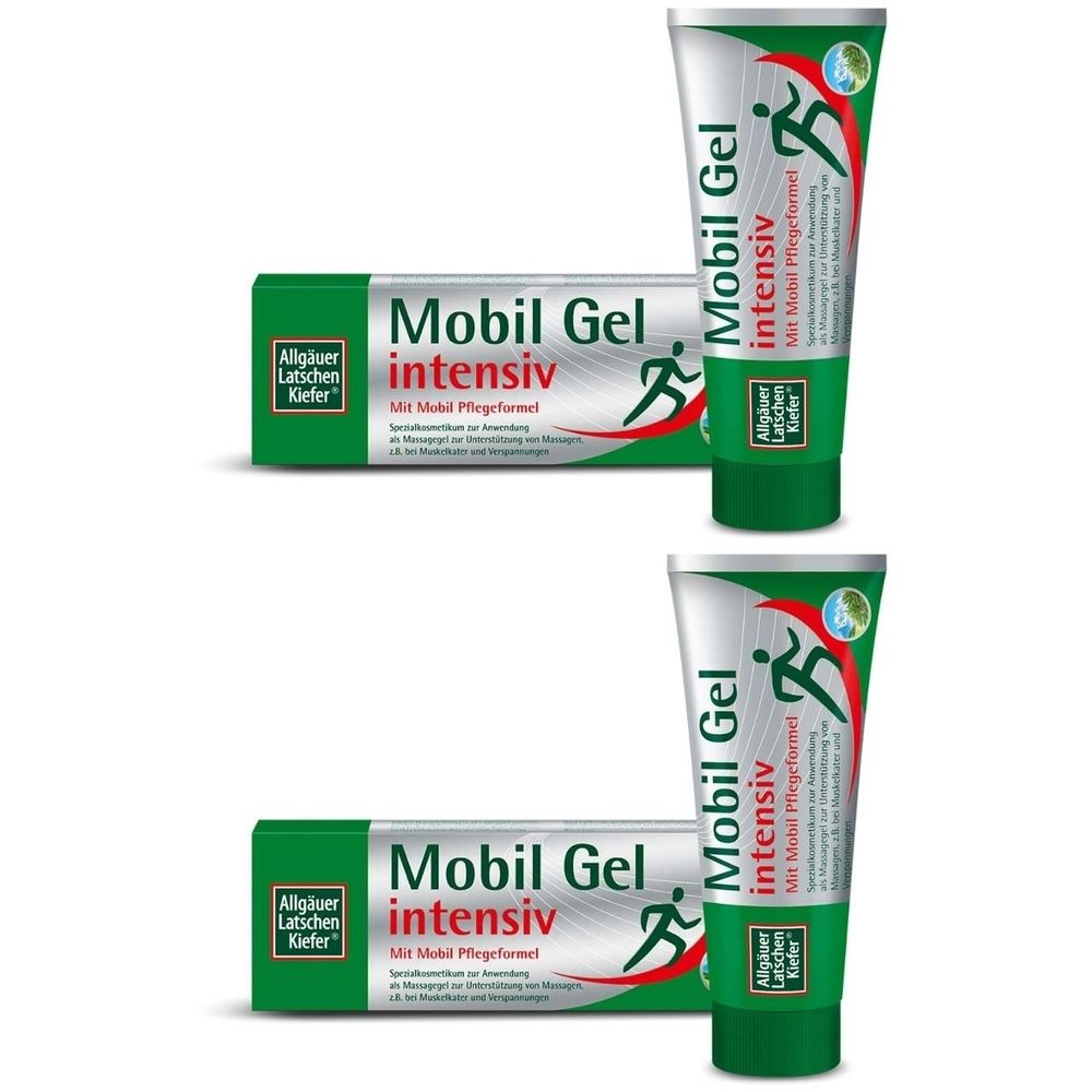 Zwei Tuben und Schachteln mit Produktaufdruck. Aufschrift: Mobil Gel intensiv. Grün-weißes Design mit Logo.