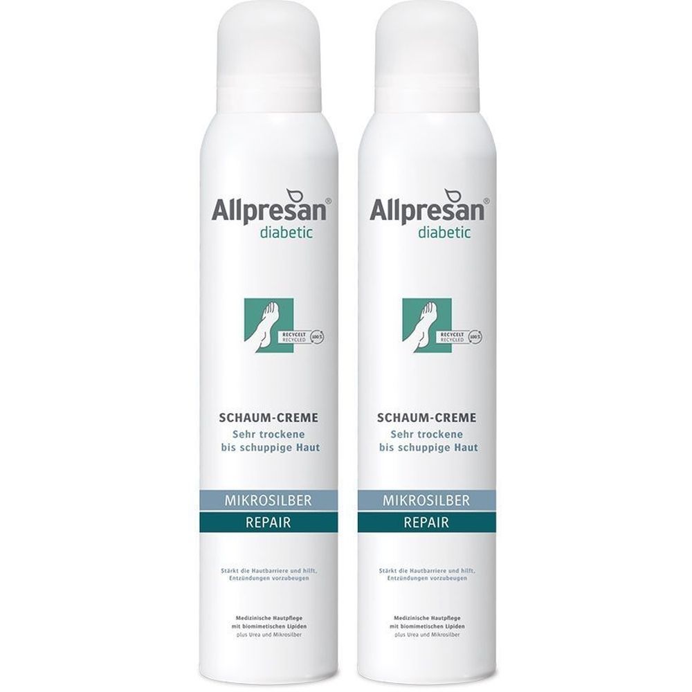 Zwei weiße Sprühflaschen mit Produktbezeichnung und Logo. Text: Schaum-Creme, Mikrosilber Repair. Für trockene Haut.