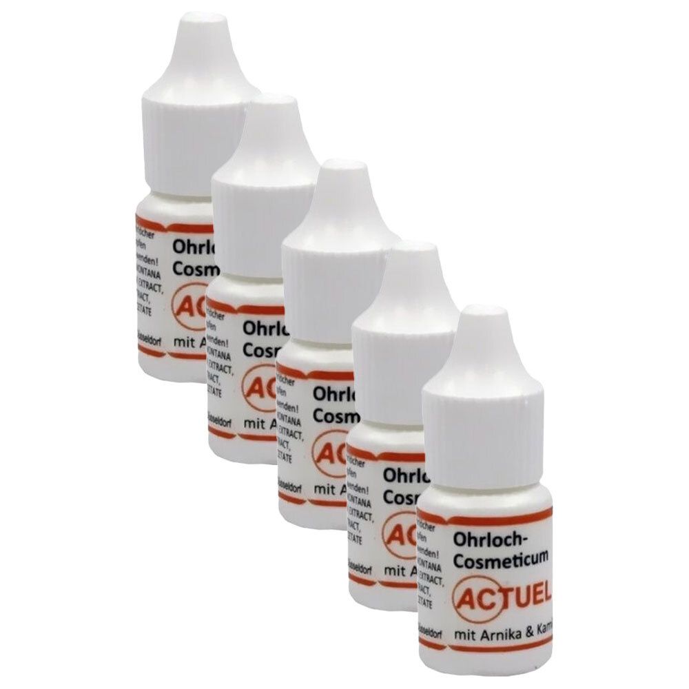 Fünf kleine, weiße Fläschchen mit roter und schwarzer Beschriftung. Aufschrift: ACTUEL Ohrloch-Cosmeticum.