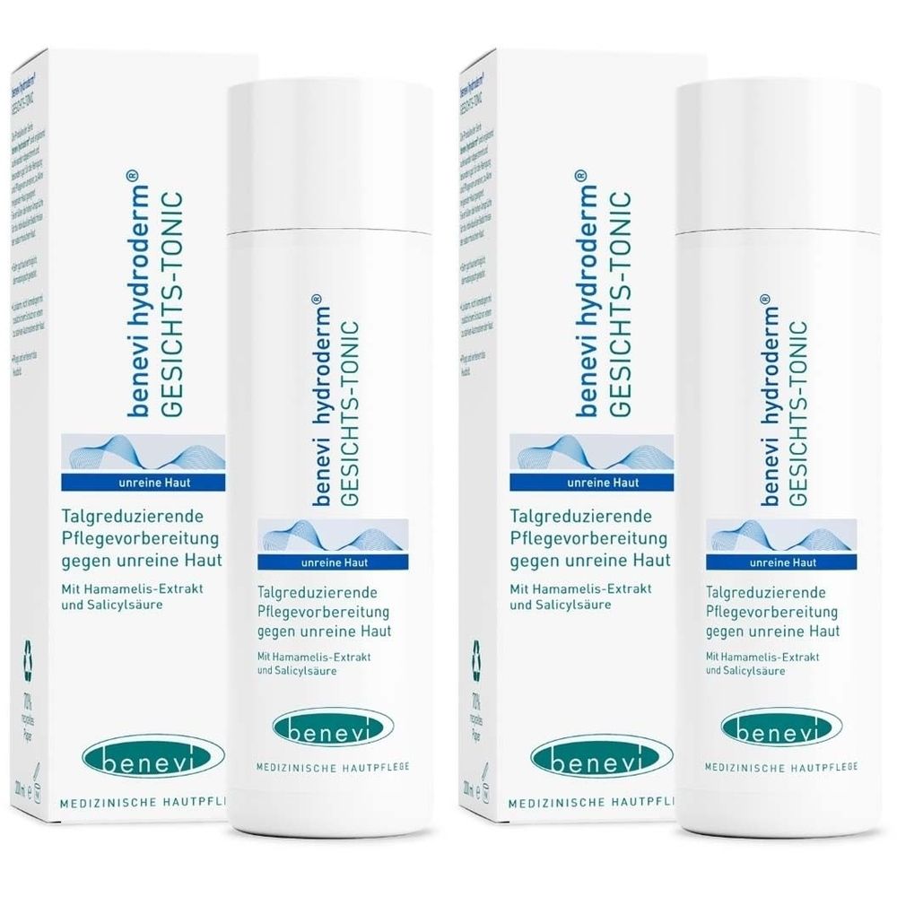 Mehrere Flaschen und Verpackungen von benevi hydroderm Gesichts-Tonic. Weiße Flaschen mit weißer Verpackung, blaue Schrift.