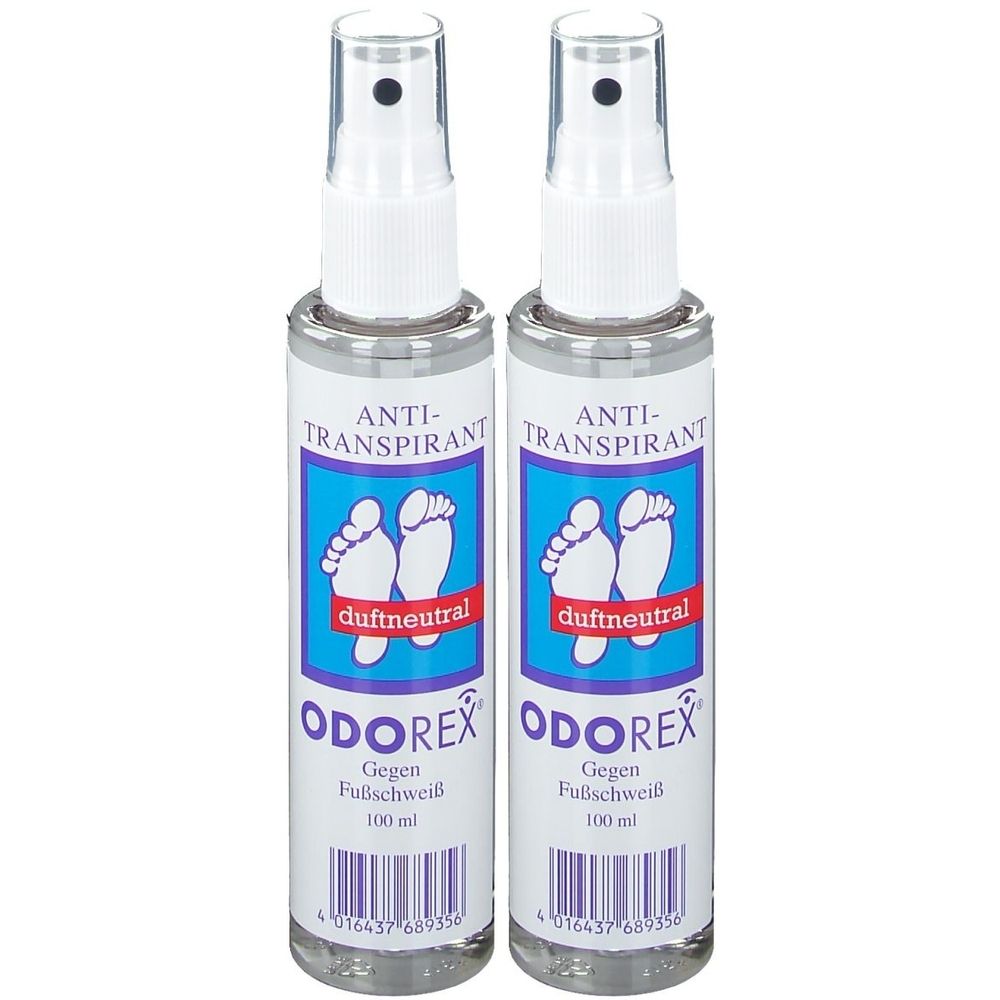 Zwei Sprühflaschen ODOREX gegen Fußschweiß. Weiße Sprühköpfe, blaue Etiketten mit Fußsymbolen und Schriftzug. 100 ml.