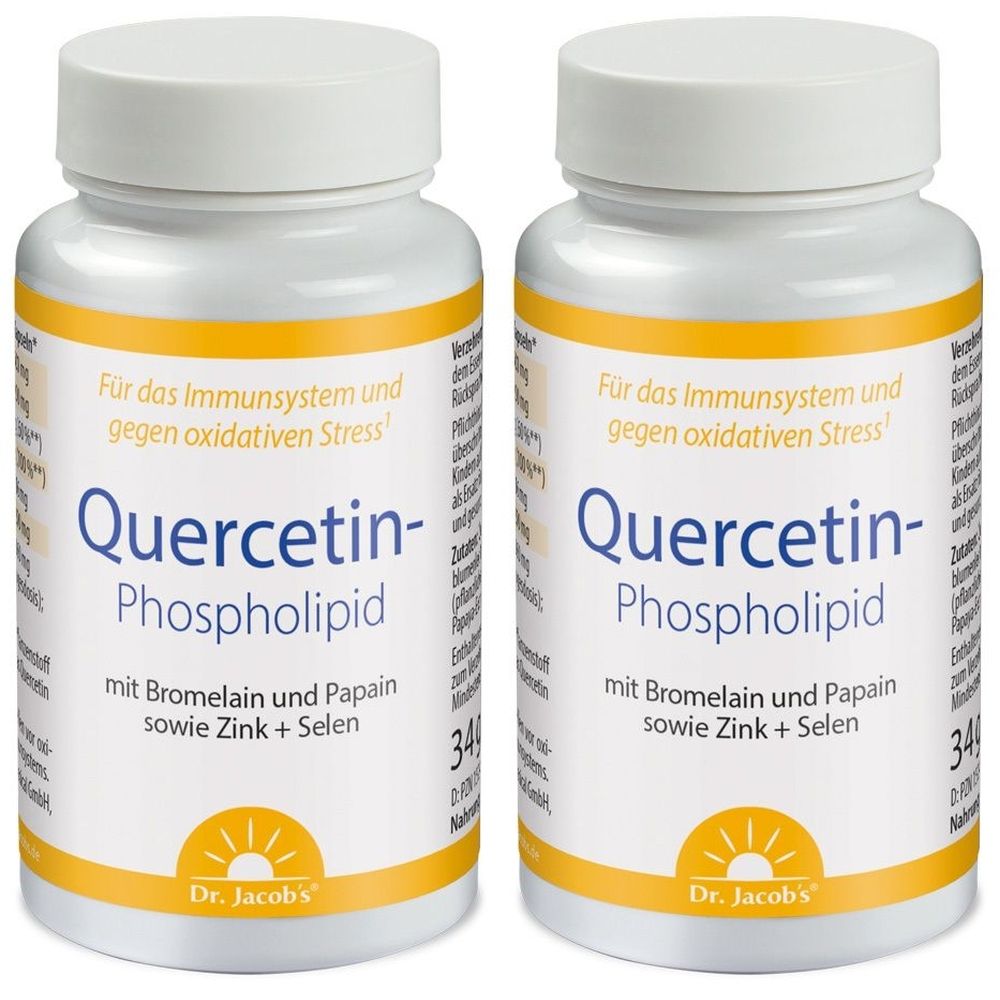 Zwei weiße Flaschen mit gelben Etiketten. Aufschrift: Quercetin-Phospholipid, mit Bromelain und Papain sowie Zink + Selen. Dr. Jacob's Logo.