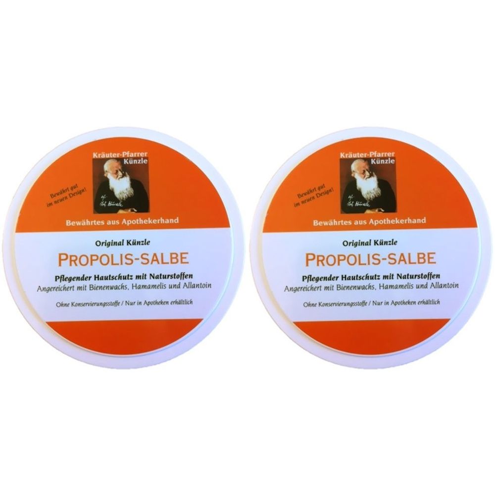 Zwei runde Dosen mit weißem Deckel und orangefarbenem Rand. Aufschrift: PROPOLIS-SALBE. Logo mit älterem Mann.