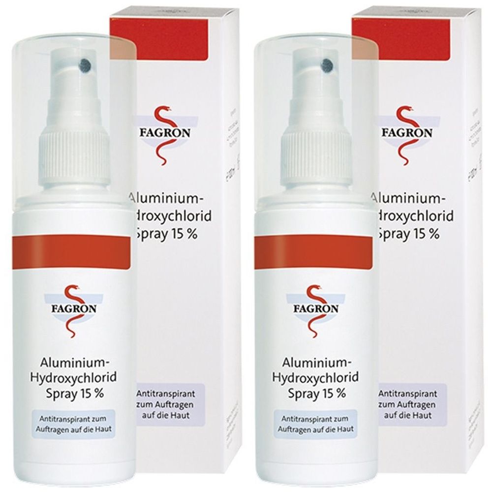 Zwei Flaschen Fagron Aluminium-Hydroxychlorid Spray 15 % mit Sprühkopf und Verpackung. Aufschrift: Antitranspirant zum Auftragen auf die Haut.