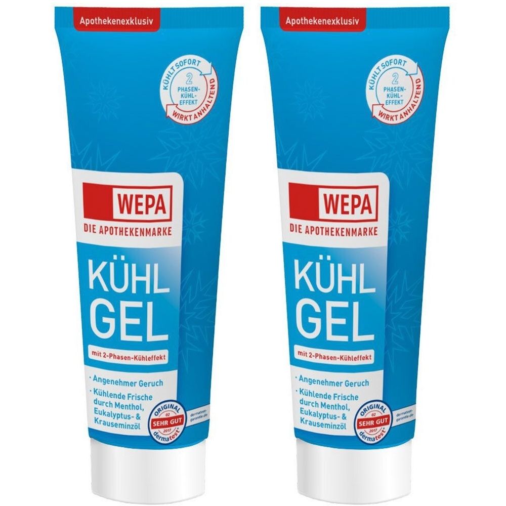 Zwei blaue Tuben WEPA Kühlgel. Aufschrift: Apothekenexklusiv, WEPA, Kühl Gel. Mit 2-Phasen-Kühleffekt. Angenehmer Geruch. Kühlende Frische. Original. Sehr gut.