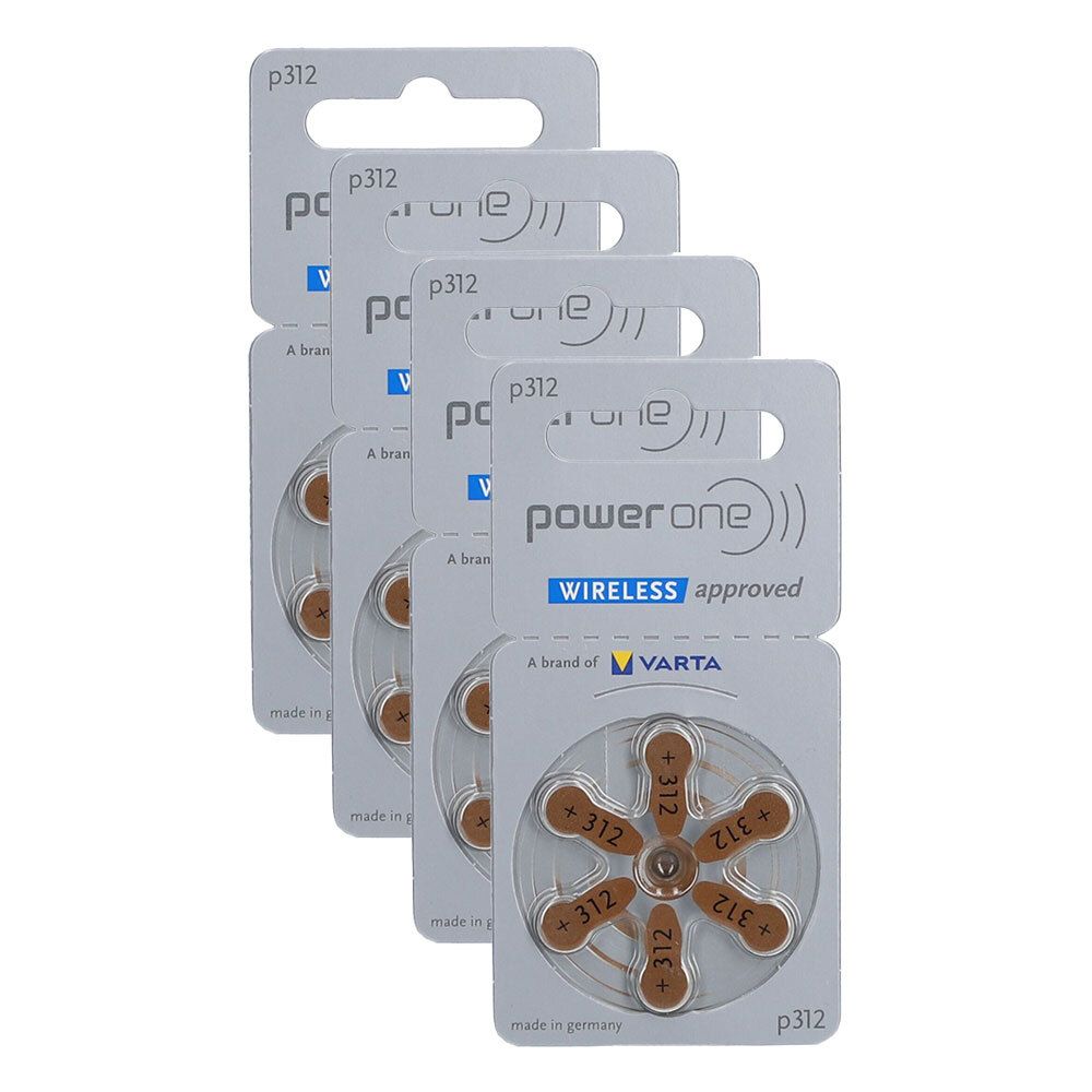 Mehrere Blisterpackungen mit Hörgerätebatterien. Jede Packung enthält sechs braune Batterien mit der Aufschrift "+312". Die Verpackung trägt den Schriftzug "powerone".