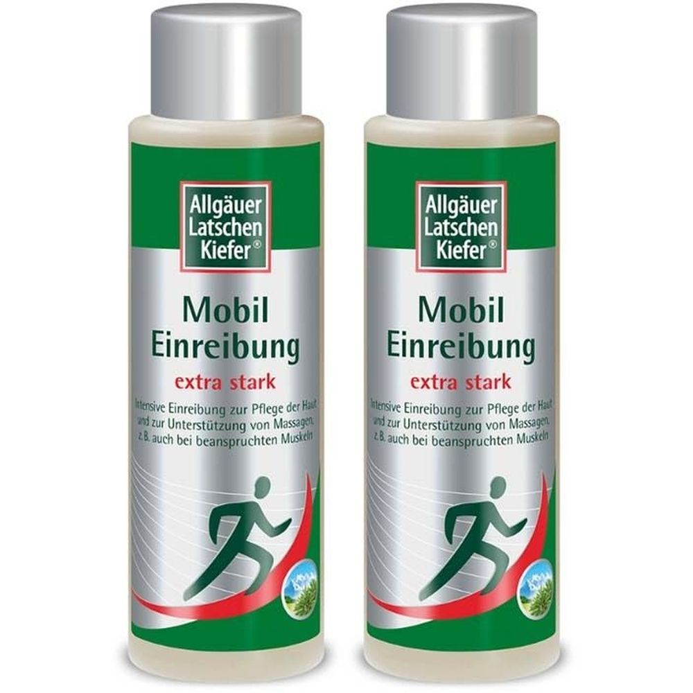 Zwei Flaschen mit silbernem Deckel. Aufschrift: Allgäuer Latschen Kiefer Mobil Einreibung extra stark. Abbildung eines Läufers.