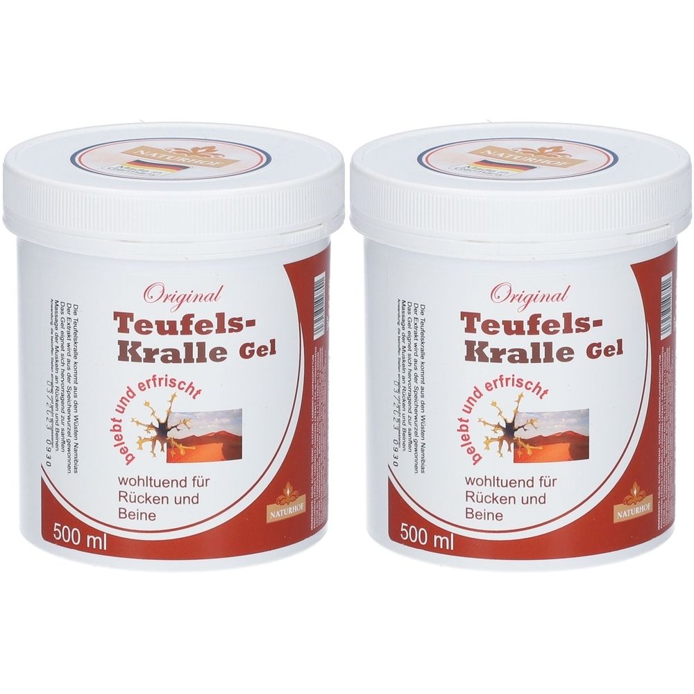 Zwei weiße Tiegel mit rotem Etikett. Aufschrift: Original Teufels-Kralle Gel. 500 ml. Für Rücken und Beine.