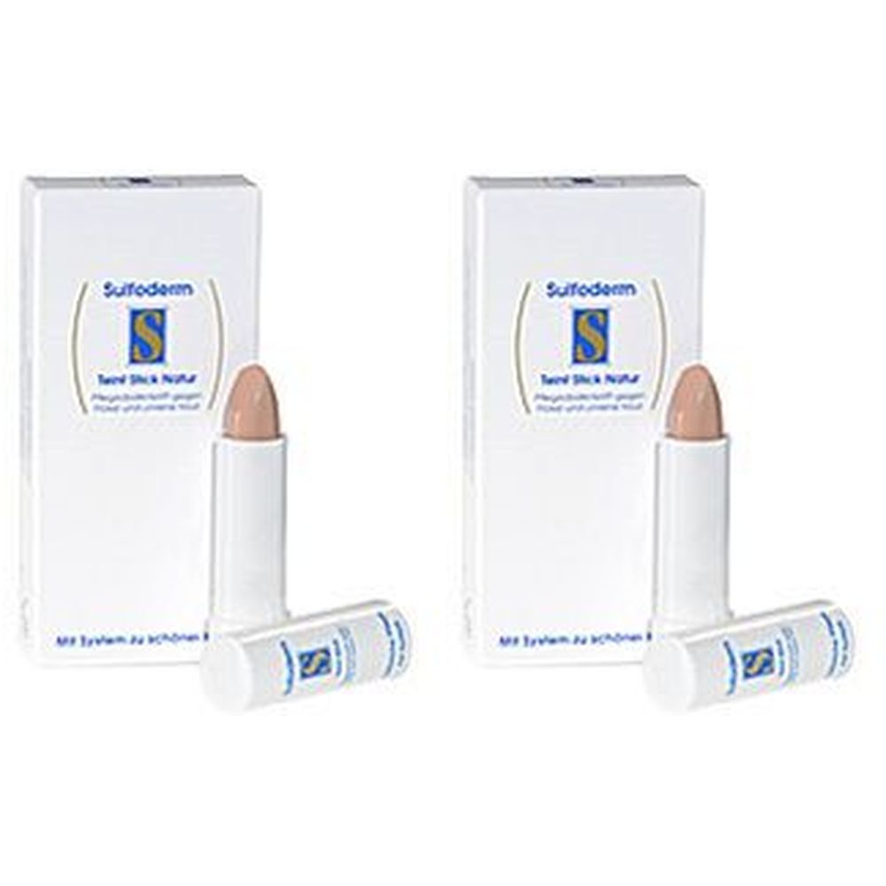 Zwei Stifte mit beiger Spitze und weißer Hülle, neben zwei weißen Schachteln mit blauer Beschriftung. Aufschrift: Sulfoderm.