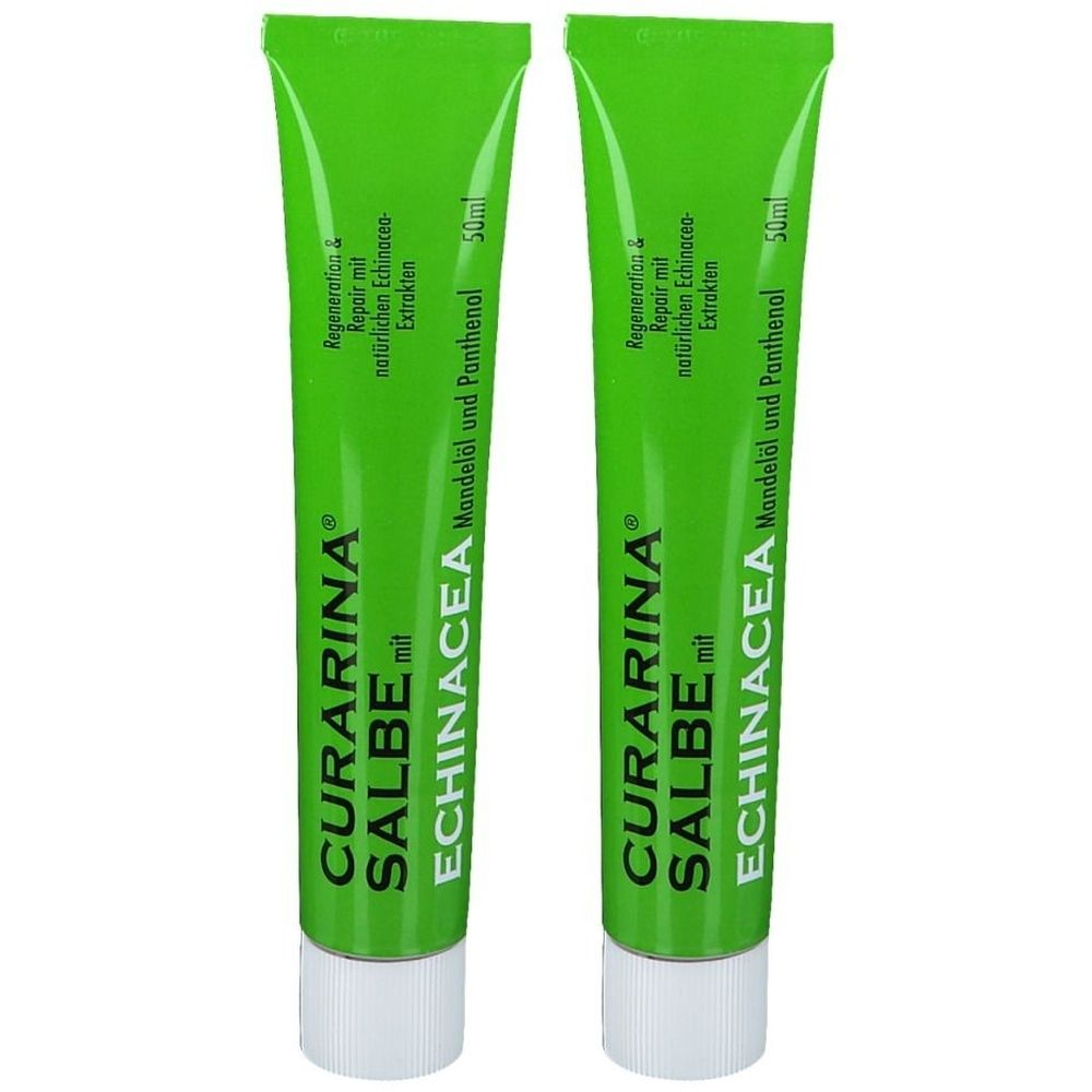 Zwei grüne Tuben mit weißem Verschluss. Aufschrift: CURARINA® SALBE mit ECHINACEA. Text: Mandelöl und Panthenol.