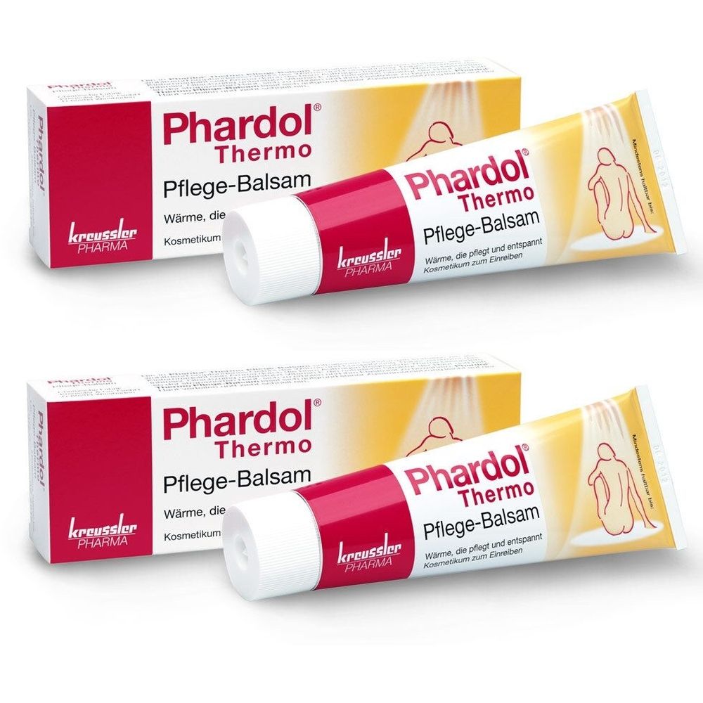 Zwei Tuben und Schachteln. Aufschrift: Phardol Thermo Pflege-Balsam. Rote und weiße Farbgebung. Marke: kreussler PHARMA.