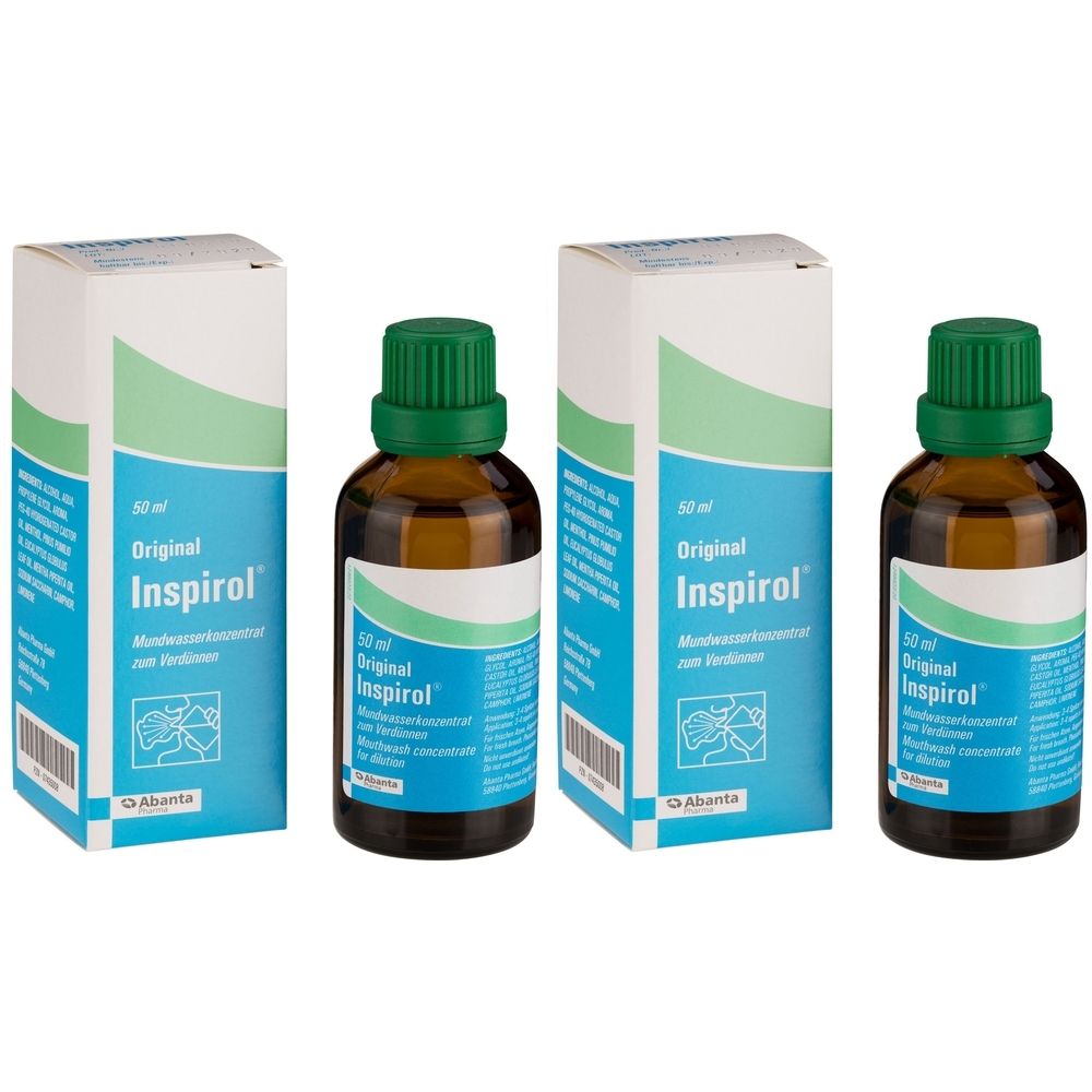 Zwei Flaschen und zwei Schachteln Inspirol® Original. Braune Glasflaschen mit grünen Deckeln. Weiße Schachteln mit blauer Schrift und grünem Logo.