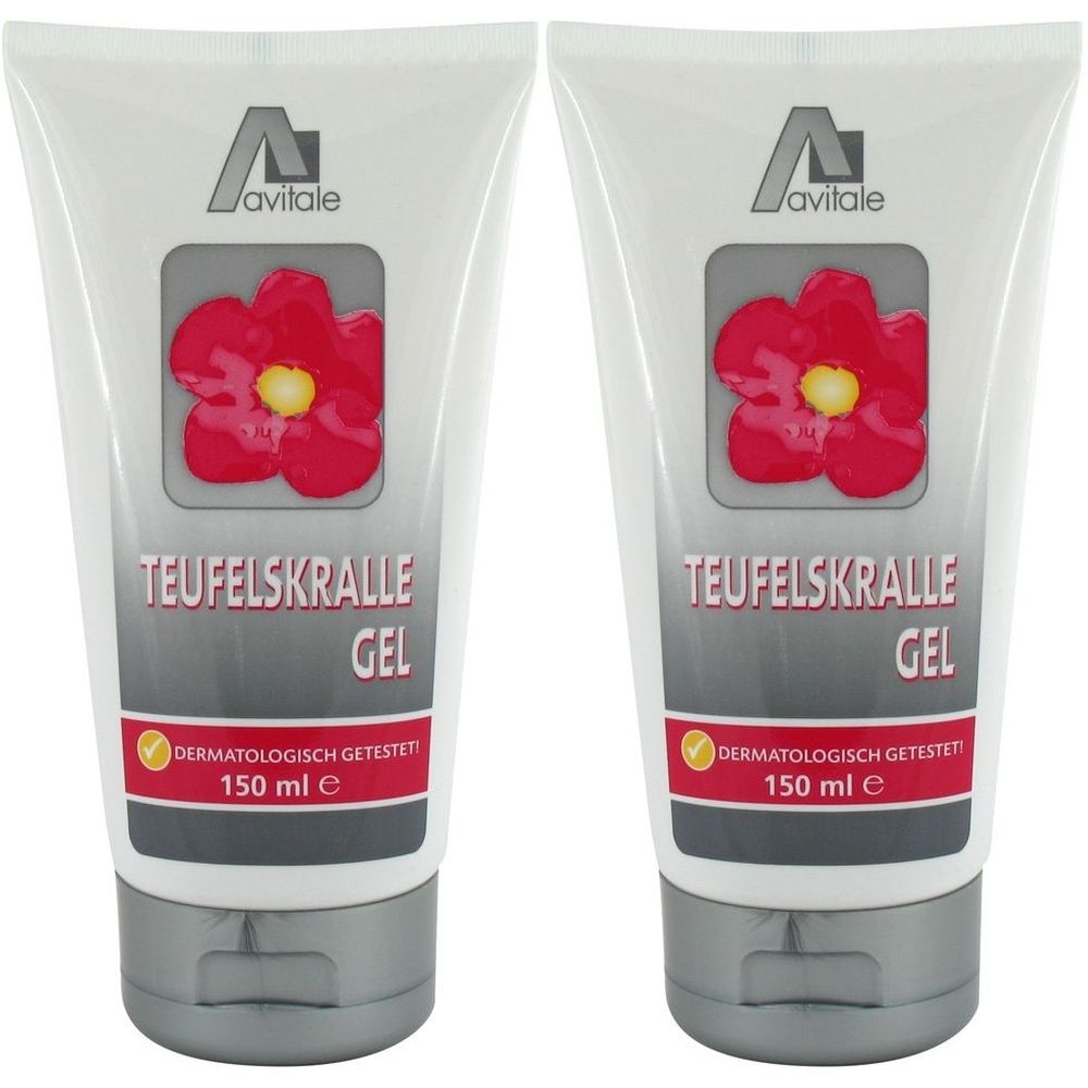 Zwei Tuben Teufelskralle Gel. Weiße Tuben mit roter Blume, grauem Feld und Schriftzug. Logo Avitale. Dermatologisch getestet.