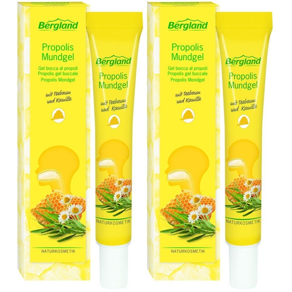 Gel-Tuben und Kartons. Gelb, mit Produktnamen und Logo. Aufschrift: Propolis Mundgel. Naturkosmetik.