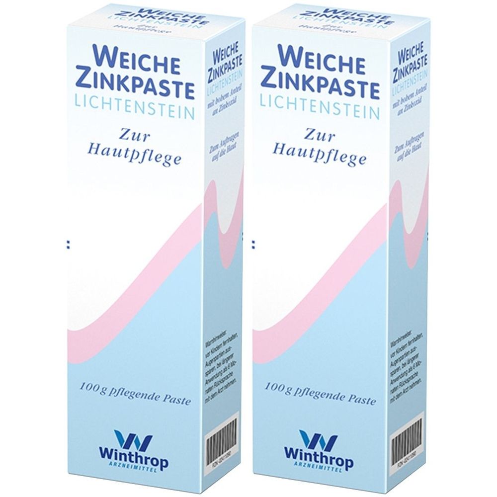 Zwei Packungen Weiche Zinkpaste Lichtenstein. Weiße Verpackung mit blauer und rosa Grafik. Text: Zur Hautpflege, 100 g pflegende Paste.