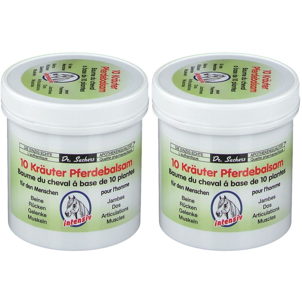 Zwei weiße Tiegel mit grünem Deckel. Aufschrift: 10 Kräuter Pferdebalsam. Logo: Pferd. Text in Deutsch und Französisch.