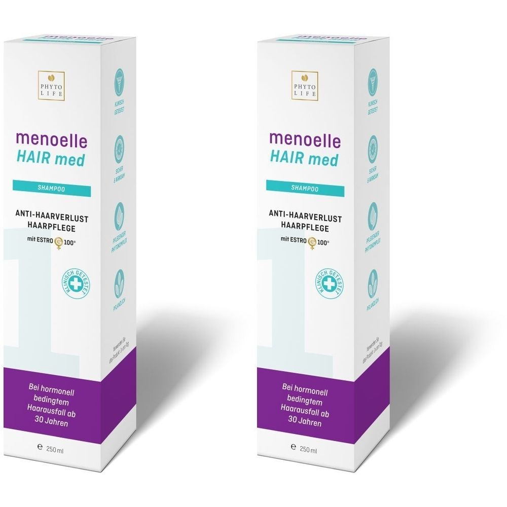 Zwei rechteckige Shampoo-Verpackungen. Aufschrift: menoelle HAIR med, Anti-Haarverlust Haarpflege. Mit Logo und Text.