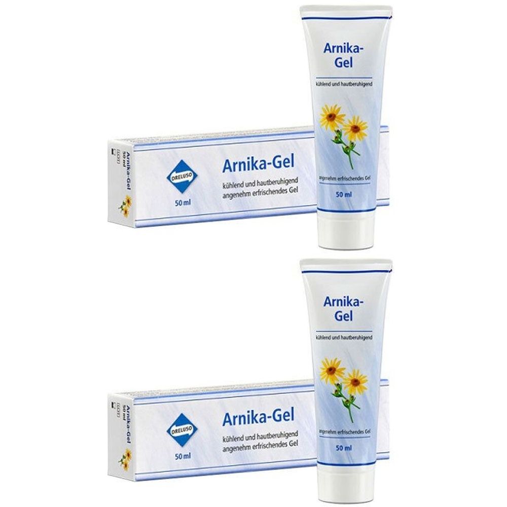 Zwei Tuben und zwei Schachteln Arnika-Gel. Auf den Tuben steht "Arnika-Gel". Auf den Schachteln steht "Arnika-Gel" und "50ml".